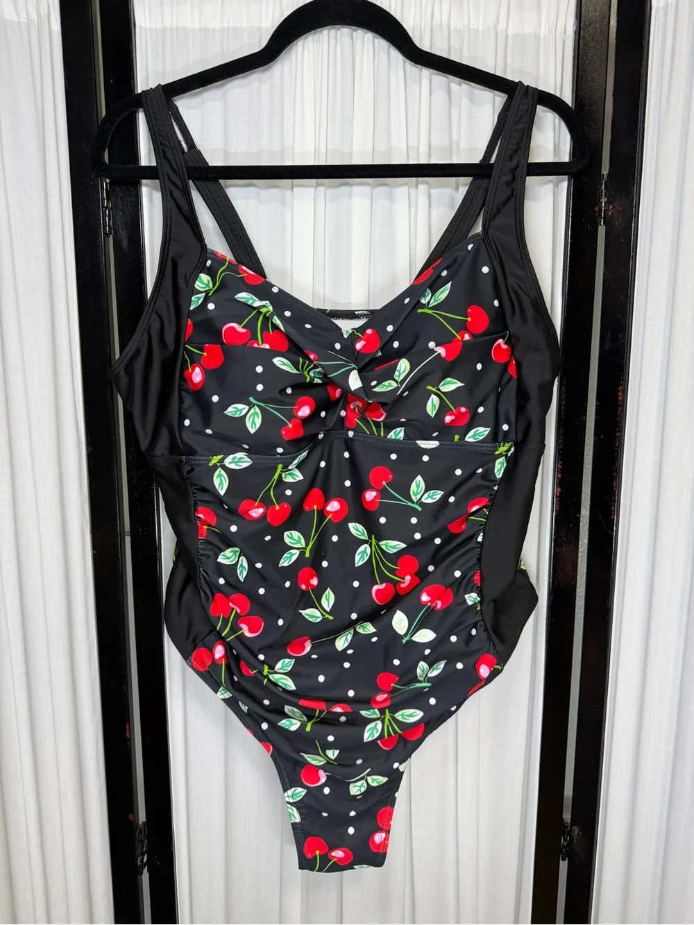 Retro Cherry Print Black One-Piece Swimsuit